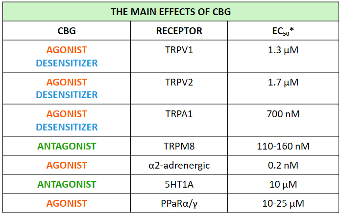The relationship between CBG and various receptors